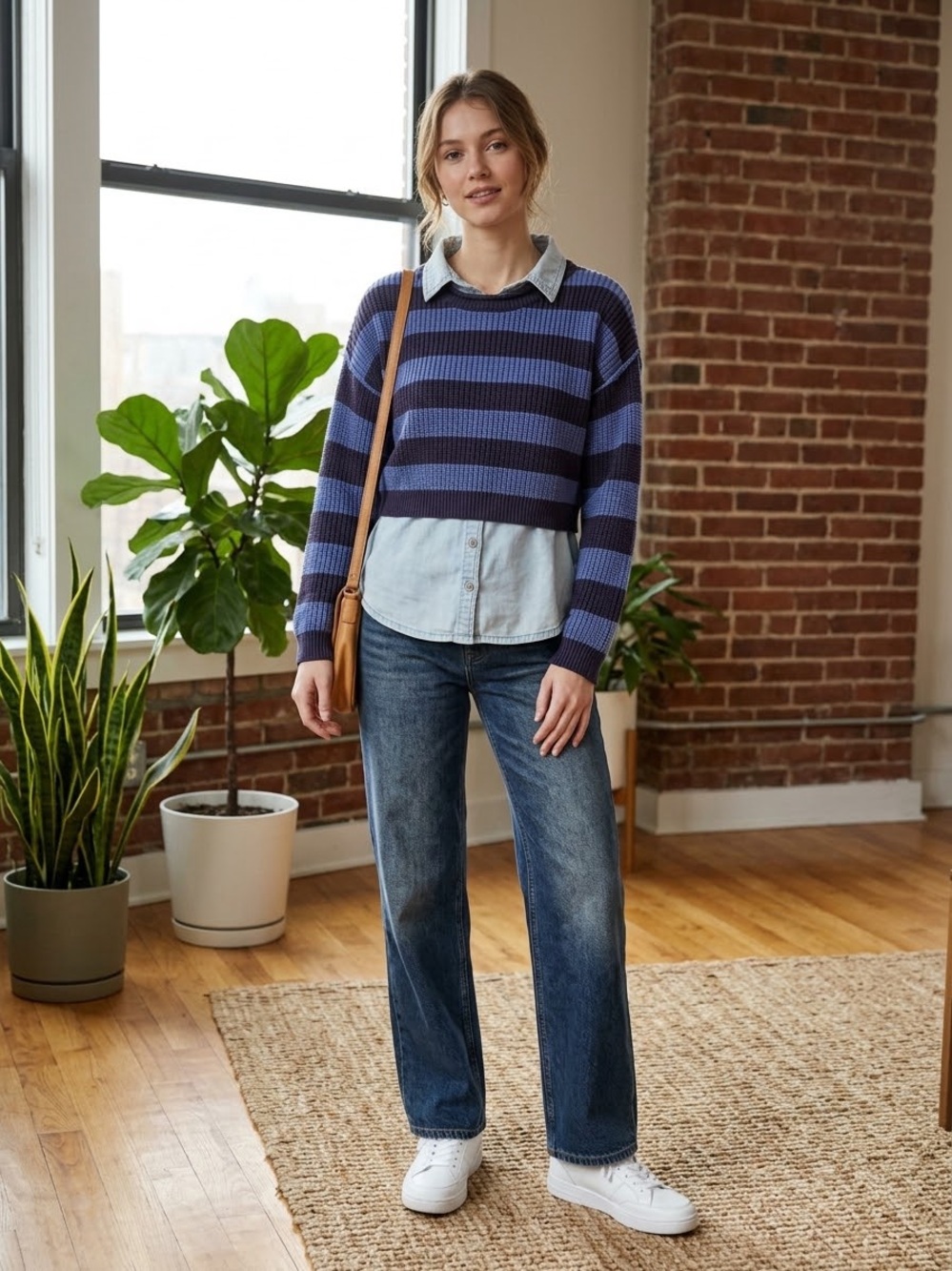 Pilcro Anthropologie Striped Knit Sweater Denim Layered Top Small Blue Chambray